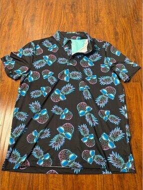 Birdie Bound Golf Polo Shirt Mens Size M Pineapple Allover Print EUC Black Blue